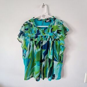 DKNY Women Blouse Medium Green Blue Abstract Sheer Career Flutter Top